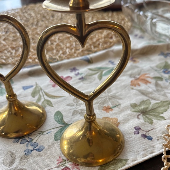 Brass Heart Candlestick Pair - Classic Gold Finish - Picture 3 of 6